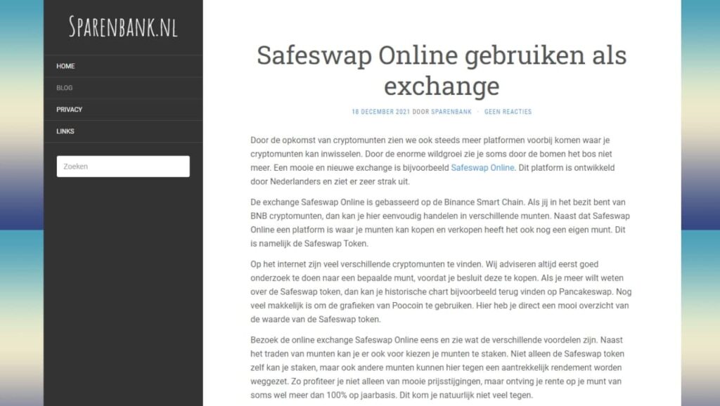 SafeSwap Online Featured on Sparenbank ⚪️ – News and announcements of SafeSwap